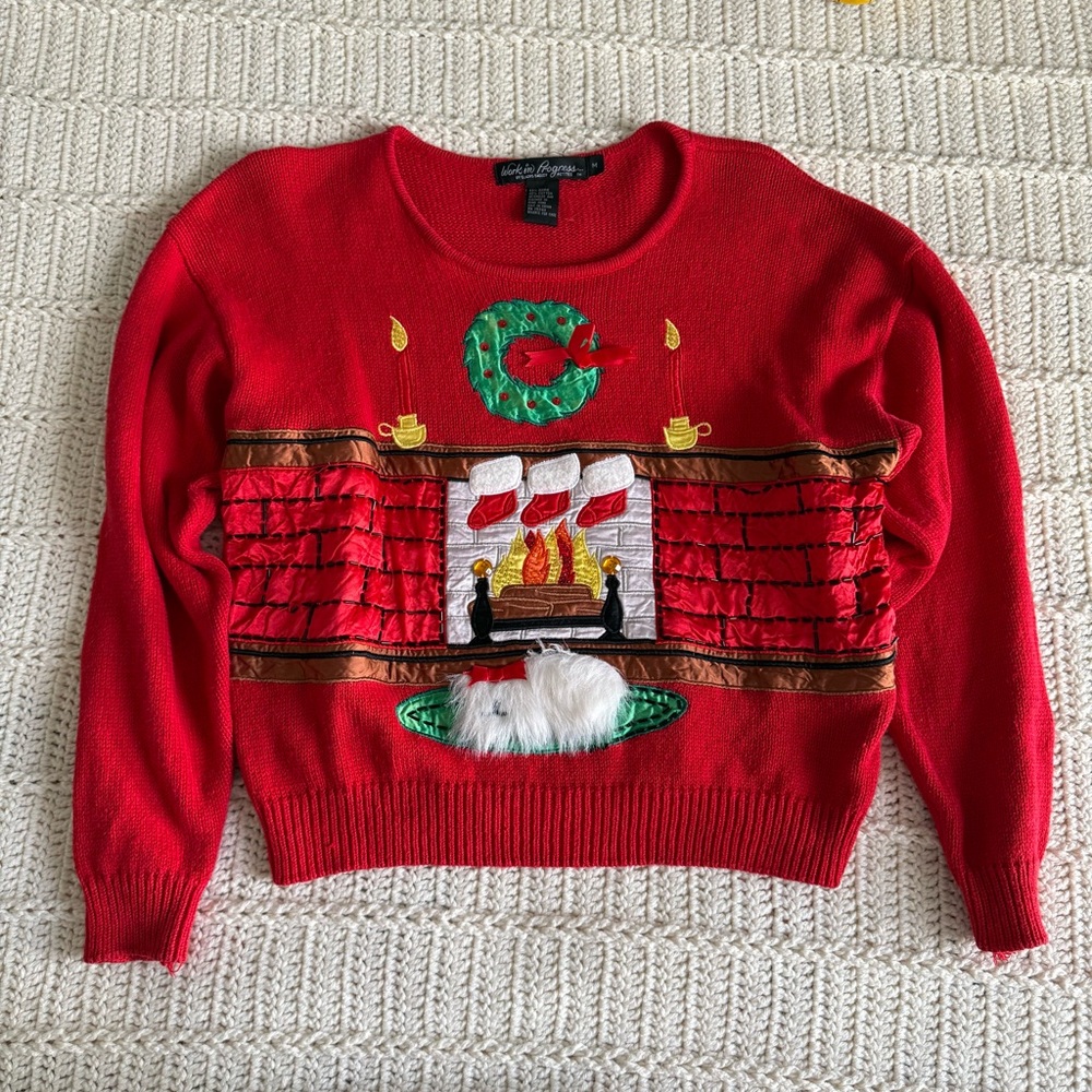 Vintage Work in Progress Ugly Christmas Sweater Cute White Fluffy Dog Size M - Picture 2 of 11